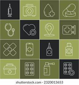 Set-line Pillen in Blisterpackung, Flasche Arzneimittel Sirup, Krankenhausbeschilderung, Blutspende mit Kreuz, Herz, Stethoskop, Spritze und Karte Zeigerkrankenhaus Symbol. Vektorgrafik