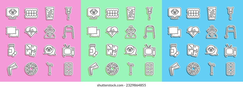 Set line Pills in blister pack, Retro tv, Walker, False jaw glass, Heart rate, Pillow, Grandfather and Grandmother icon. Vector