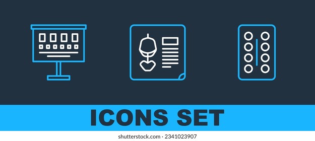 Set line Pills in blister pack, Eye test chart and X-ray shots icon. Vector