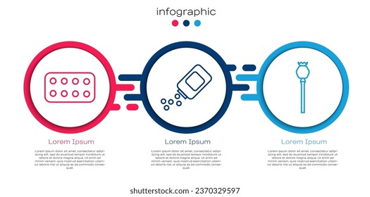 Set line Pills in blister pack, Medicine bottle and pills and Opium poppy. Business infographic template. Vector