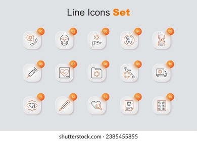 Fijar las almohadillas en el blister, el registro del paciente, la inspección médica del corazón, el termómetro, el corazón con cruz, el coche de ambulancia, la silla de ruedas para discapacitados y el icono de la carpeta de salud. Vector