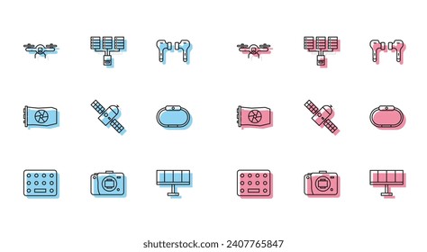 Ajuste las columnas de línea en el blister, la cámara sin espejos, el vuelo con drones, el panel de energía solar, el satélite, el reloj inteligente, la tarjeta gráfica de vídeo y el servidor, el icono Datos, el alojamiento web. Vector