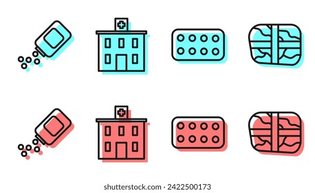 Set line Pills in blister pack, Medicine bottle and pills, Medical hospital building and Package with cocaine icon. Vector
