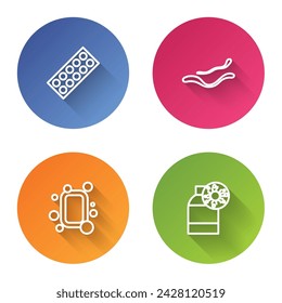 Colocar la línea Pastillas en blíster, enfermedad por el virus del Ébola, barra de jabón y frasco con. Botón de círculo de color. Vector