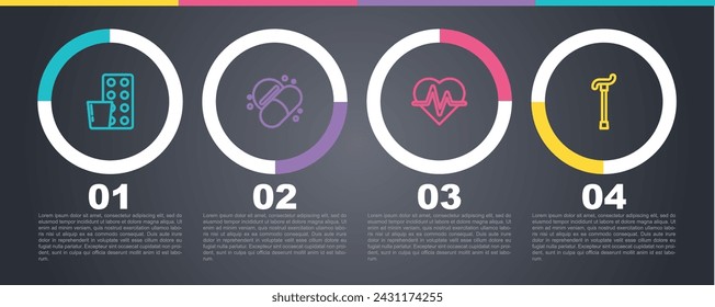 Línea de ajuste de píldoras en blíster, píldora o tableta de medicina, ritmo cardíaco y bastón para caminar. Plantilla de infografía de negocios. Vector