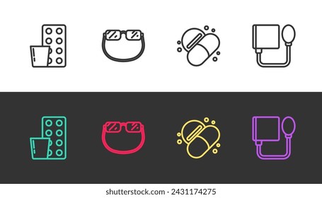 Colocar la línea Pastillas en blíster, Gafas, Medicina píldora o tableta y la presión arterial en blanco y negro. Vector