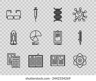Set line Pills in blister pack, Atom, DNA symbol, Open science book, Glasses, Pie chart infographic,  and Meteorology thermometer measuring icon. Vector