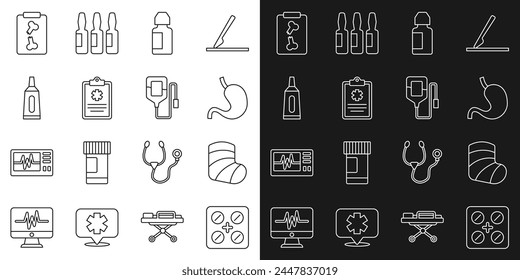 Píldoras de la línea del sistema en el paquete de la ampolla, yeso, estómago humano, botella de la gota del ojo, registro clínico, medicina del tubo de la crema de la pomada, inyecciones de rayos X y el icono de la bolsa IV. Vector