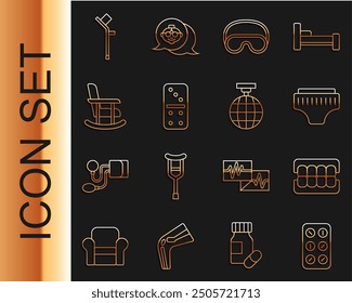 Set line Pills in blister pack, False jaw, Adult diaper, Eye sleep mask, Domino, Rocking chair, Crutch or crutches and Disco ball icon. Vector