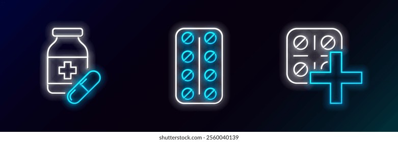 Set line Pills in blister pack, Medicine bottle and pills and  icon. Glowing neon. Vector