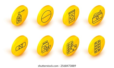 Set line Pills in blister pack, Medicine bottle and pills, Bandage plaster, Ointment cream tube medicine, or tablet and Medical with nozzle spray icon. Vector