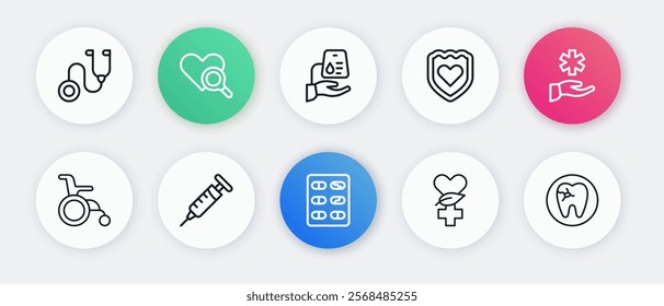 Set line Pills in blister pack, Cross hospital medical, Wheelchair for disabled person, Ethnoscience, Immune system, Blood donation, Tooth with caries and Syringe icon. Vector