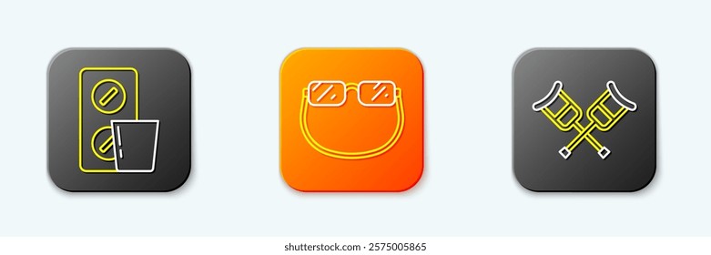 Set line Pills in blister pack, Eyeglasses and Crutch or crutches icon. Vector