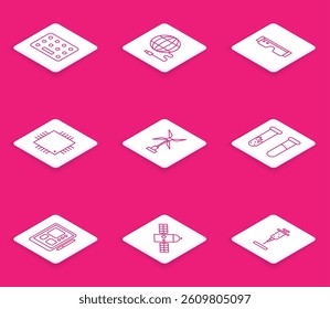 Set line Pills in blister pack, Social network, Smart glasses, Processor with microcircuits CPU, Wind turbine, Test tube and flask, Graphic tablet and Satellite icon. Vector