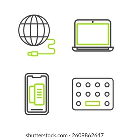 Set line Pills in blister pack, Smartphone, mobile phone, Laptop and Social network icon. Vector