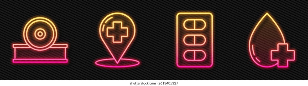 Set line Pills in blister pack, Otolaryngological head reflector, Map pointer with cross hospital and Donate drop blood with cross. Glowing neon icon. Vector