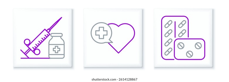 Set line Pills in blister pack, Medical syringe with needle and vial or ampoule and Heart cross icon. Vector