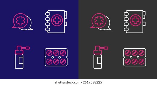 Set line Pills in blister pack, Bottle with nozzle spray, Medical clipboard and Dialogue the doctor icon. Vector