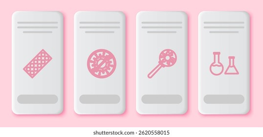 Set line Pills in blister pack, Stop virus, Virus under magnifying glass and Test tube and flask. White rectangle button. Vector