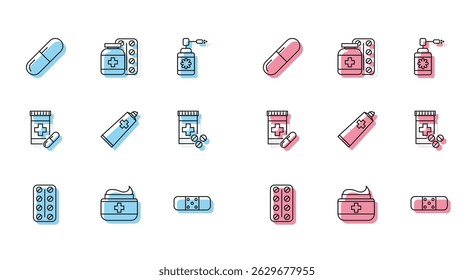 Set line Pills in blister pack, Ointment cream tube medicine, Medicine pill or tablet, Bandage plaster, bottle pills,  and  icon. Vector