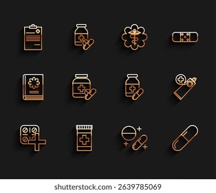 Set line Pills in blister pack, Medicine bottle, Medical clipboard with clinical record, pill tablet, and pills, Ointment cream tube medicine and  icon. Vector