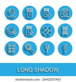 Set line Pills in blister pack, Map pointer with cross hospital, Crutch crutches, Medical digital thermometer, Medicine bottle and pills, DNA symbol and Crossed bandage plaster icon. Vector