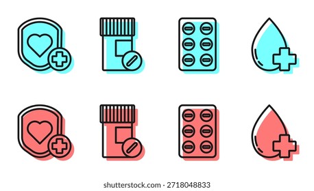 Set line Pills in blister pack, Shield and heart rate, Medicine bottle and pills and Donate drop blood with cross icon. Vector