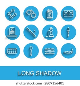 Set line Pills in blister pack, Heroin spoon, Medicine pill or tablet, Cocaine heroin drug, Cigar with smoke, Cigarette, Pipette and Hookah icon. Vector