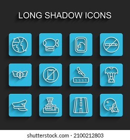 Set line Pilot hat, Airport control tower, Worldwide, runway, Modern pilot helmet, No cell phone, Parachute and Plane landing icon. Vector