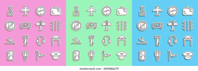 Fijar línea Sat Piloto, Aviador con gafas, pista de aterrizaje del aeropuerto, brújula, camión cisterna de combustible, Sin teléfono móvil e icono Plano. Vector