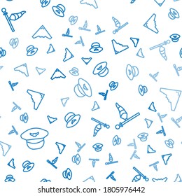 Set line Pilot hat, Cone meteorology windsock wind vane and Jet fighter on seamless pattern. Vector