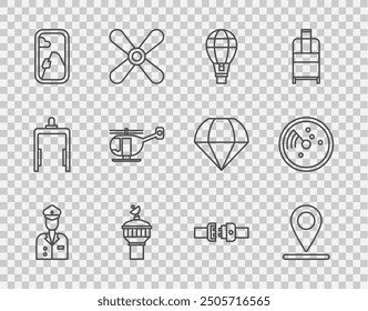 Set line Piloto, Locación, globo aerostático, radar, ventana de avión, helicóptero, cinturón de seguridad y con el ícono del monitor de objetivos. Vector