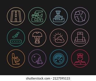 Set Line Pilot, Metal Detector In Airport, Airport Control Tower, Parachute, Plane Takeoff, Runway, Sun And Cloud Weather And Crash Icon. Vector