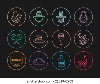 Set line Pinata, Cactus, Mexican man sombrero, Maracas, Avocado fruit,  and  icon. Vector