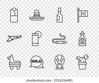 Set line Pinata, Cactus or succulent pot, Tabasco sauce, Hola, Burrito, Tequila glass with lemon, Mexican wrestler and bottle icon. Vector