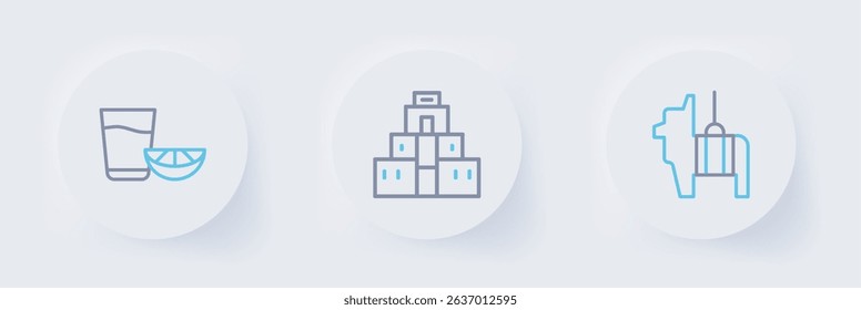 Set line Pinata, Chichen Itza Mayan and Tequila glass with lemon icon. Vector