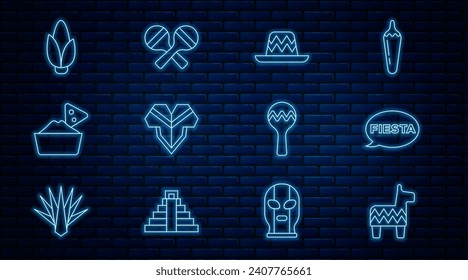 Set line Pinata, Fiesta, Mexican sombrero, Poncho, Nachos bowl, Corn, Maracas and  icon. Vector