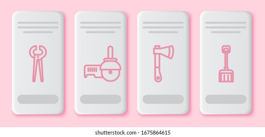 Set-Line-Pincers und Zangen, Winkelschleifer, Holzaxt und Schneeschuhe. Weiße Rechtecktaste. Vektorillustration