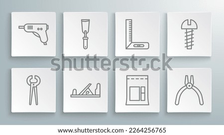 Set line Pincers and pliers, Putty knife, Wood plane tool, Cement bag, Pliers, Corner ruler, Metallic screw and Electric hot glue gun icon. Vector