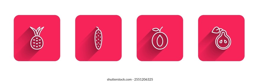 Set line Pineapple, Cucumber, Plum fruit and Pear with long shadow. Red square button. Vector