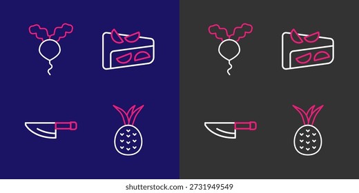 Set Linie Ananas, Messer, hausgemachte Obstkuchen und Radieschen Ikone. Vektorgrafik