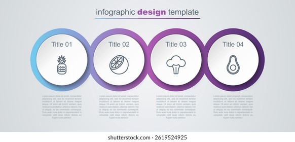 Set line Pineapple, Orange fruit, Broccoli and Avocado. Business infographic template. Vector