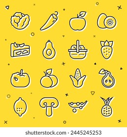 Set line Pineapple, Pear, Strawberry, Apple, Avocado, Homemade fruit pie, Cabbage and Basket and food icon. Vector