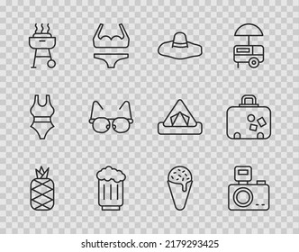 Set line Pineapple, Photo camera with flash, Elegant women hat, Wooden beer mug, Barbecue grill, Glasses, Ice cream waffle cone and Suitcase icon. Vector