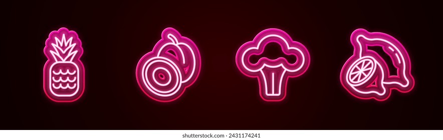 Set line Pineapple, Plum fruit, Broccoli and Lemon. Glowing neon icon. Vector