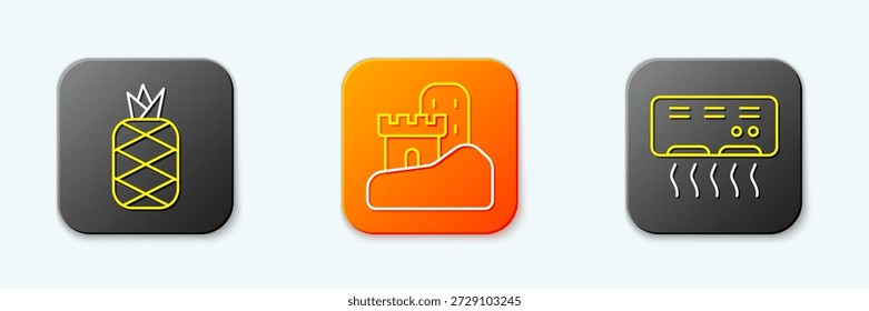 Set Linie Ananas, Sandburg und Klimaanlage Symbol. Vektorgrafik