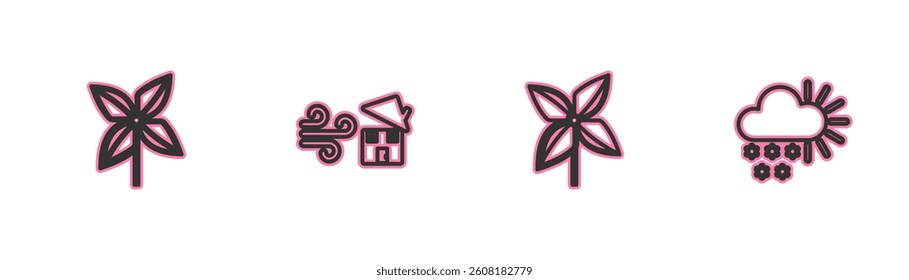 Set line Pinwheel, , Tornado swirl and Cloudy with snow icon. Vector