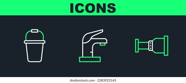 Set line Pipe adapter, Bucket and Water tap icon. Vector