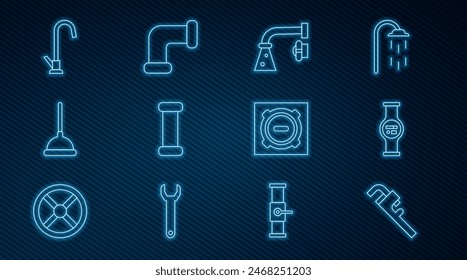 Set line Pipe adjustable wrench, Water meter, tap, Industry metallic pipe, Rubber plunger, Manhole sewer cover and  icon. Vector