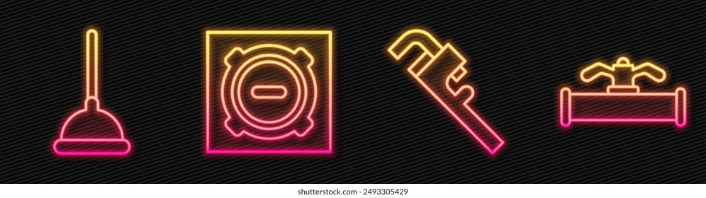 Llave ajustable de tubería, émbolo de goma, tapa de alcantarilla de alcantarilla y tubo y válvula de la industria. Icono de neón brillante. Vector